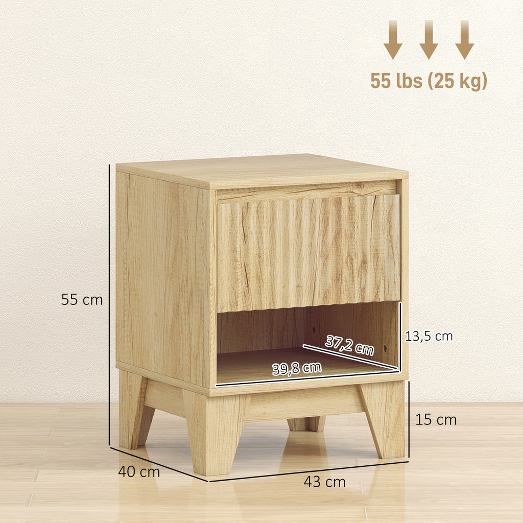 Lot de 2 tables de chevet étroite, table d'appoint compartiment ouvert 1 tiroir, panneaux cannelés 43x40x55cm naturel-2