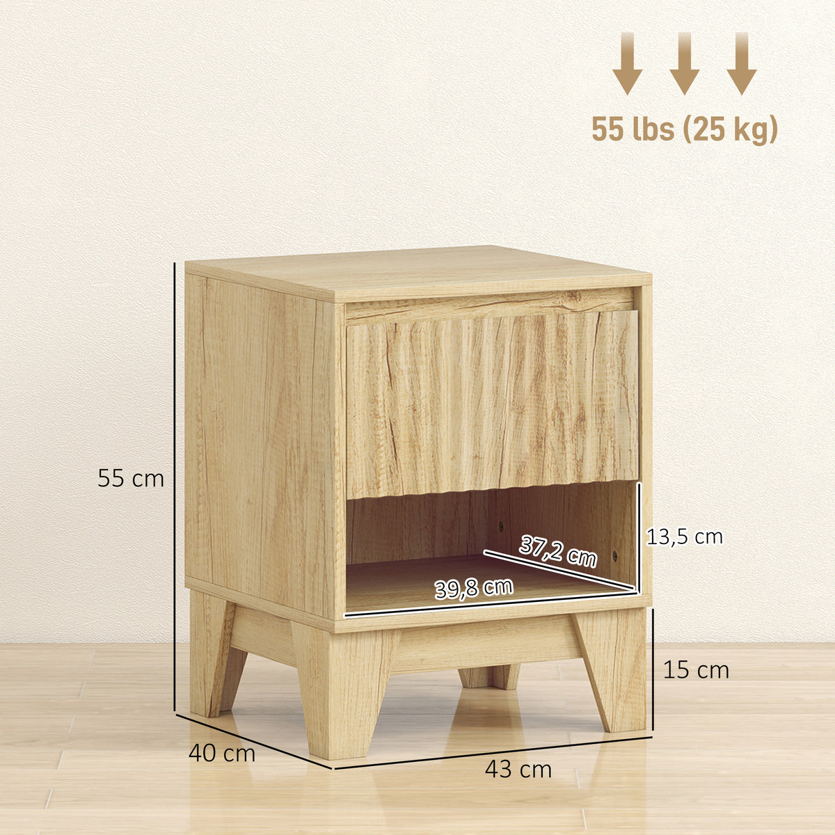 Lot de 2 tables de chevet étroite, table d'appoint compartiment ouvert 1 tiroir, panneaux cannelés 43x40x55cm naturel-2