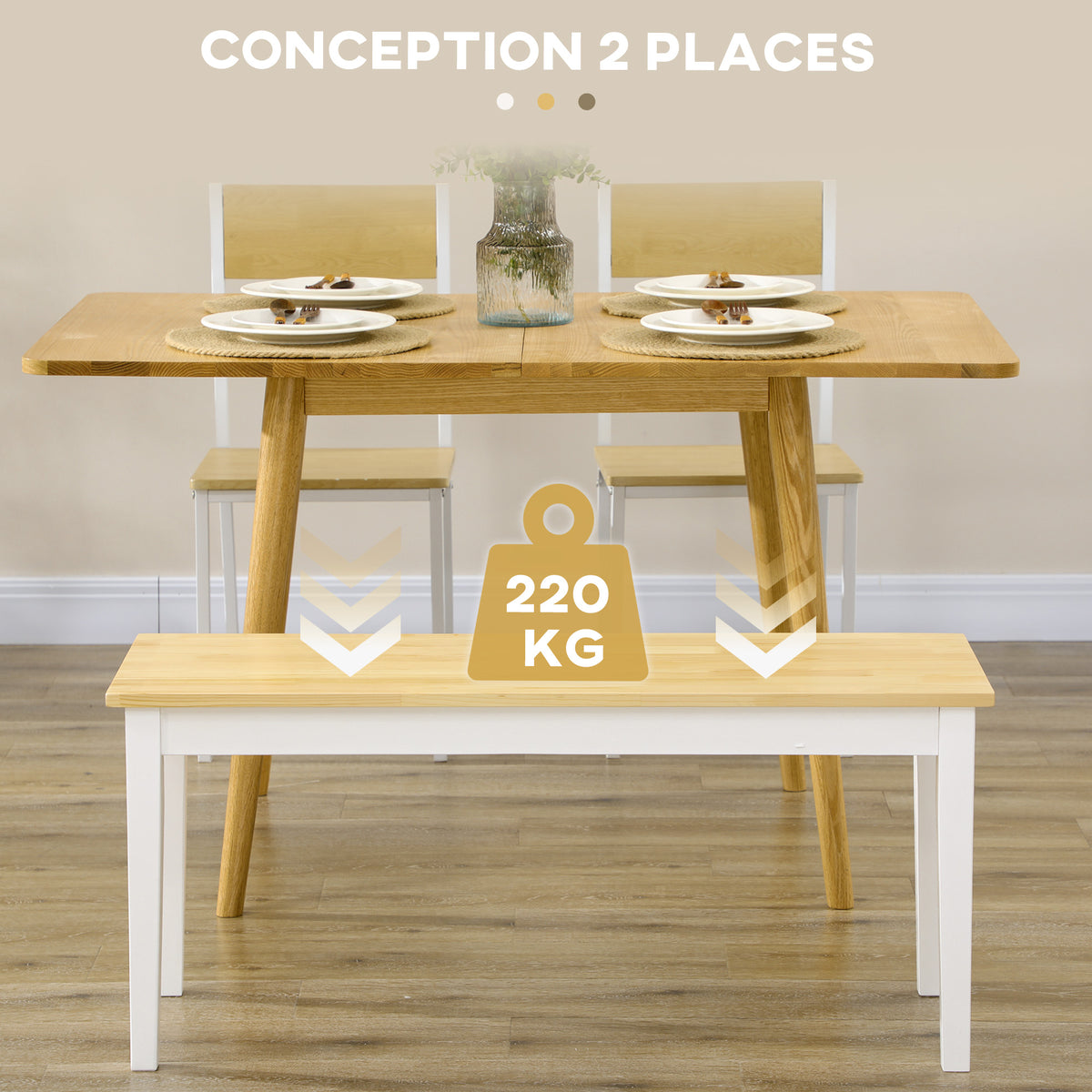 Banc en bois pour 2 personnes bicolore assise naturelle et piètement blanc 102 x 36 x 45 cm-3