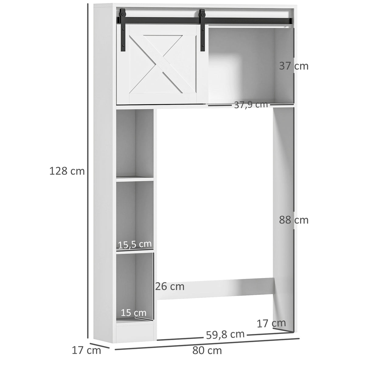 Meuble de rangement au-dessus des toilettes avec porte coulissante, Meuble étagère dessus WC, étagère réglable, blanc-2