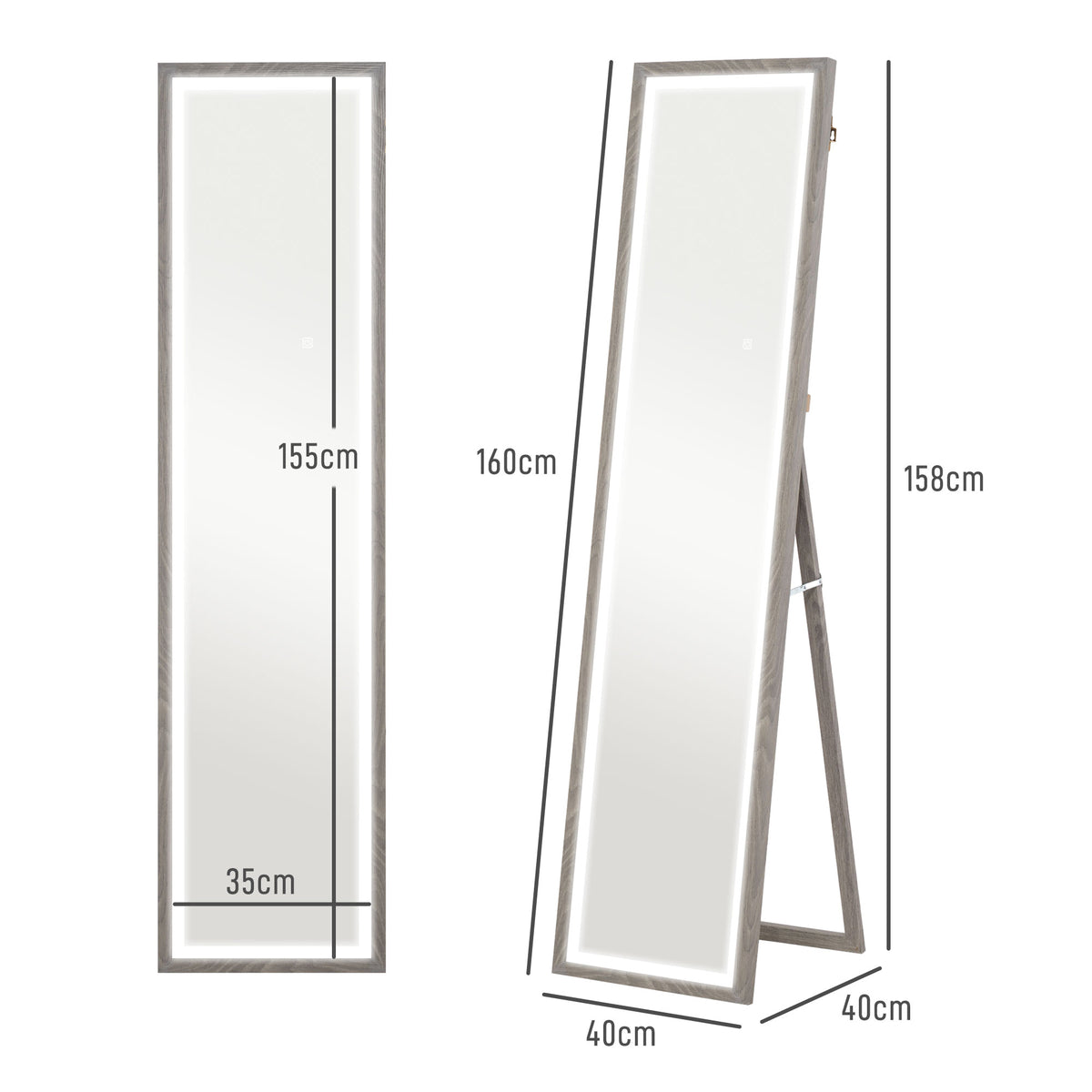 Grand miroir pleine longueur, miroir mural ou sur pied rectangulaire, 40 x 160 cm avec éclairage LED 3 couleurs, gris-2