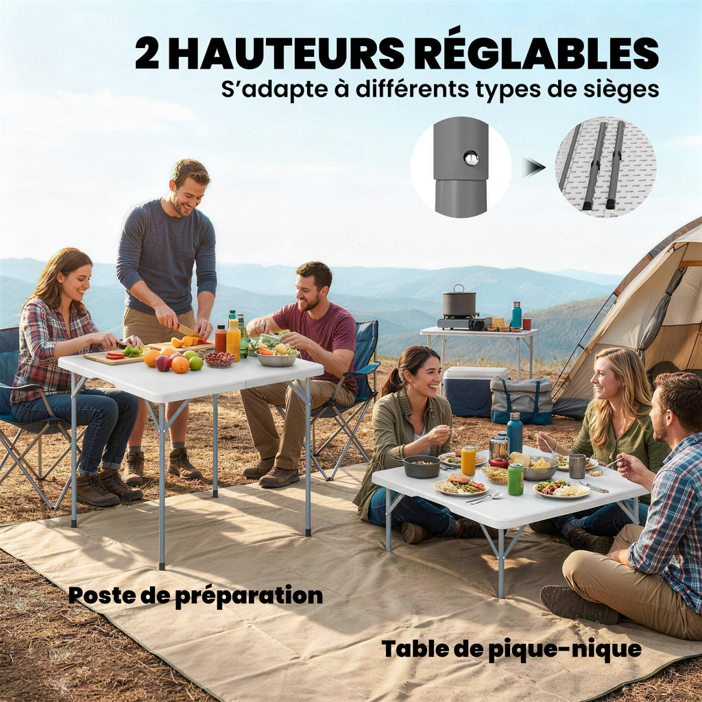 Table pliante en HDPE, table de camping pliante carrée 86 x 86 x 74 cm, avec une poignée, hauteur réglable, blanc-5
