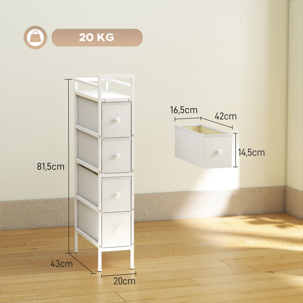 Commode 4 Tiroirs Pliables en Tissu, Meuble de Rangement Étroit, Style Moderne, Cadre en Acier, 20 x 43 x 81,5 cm Blanc-2