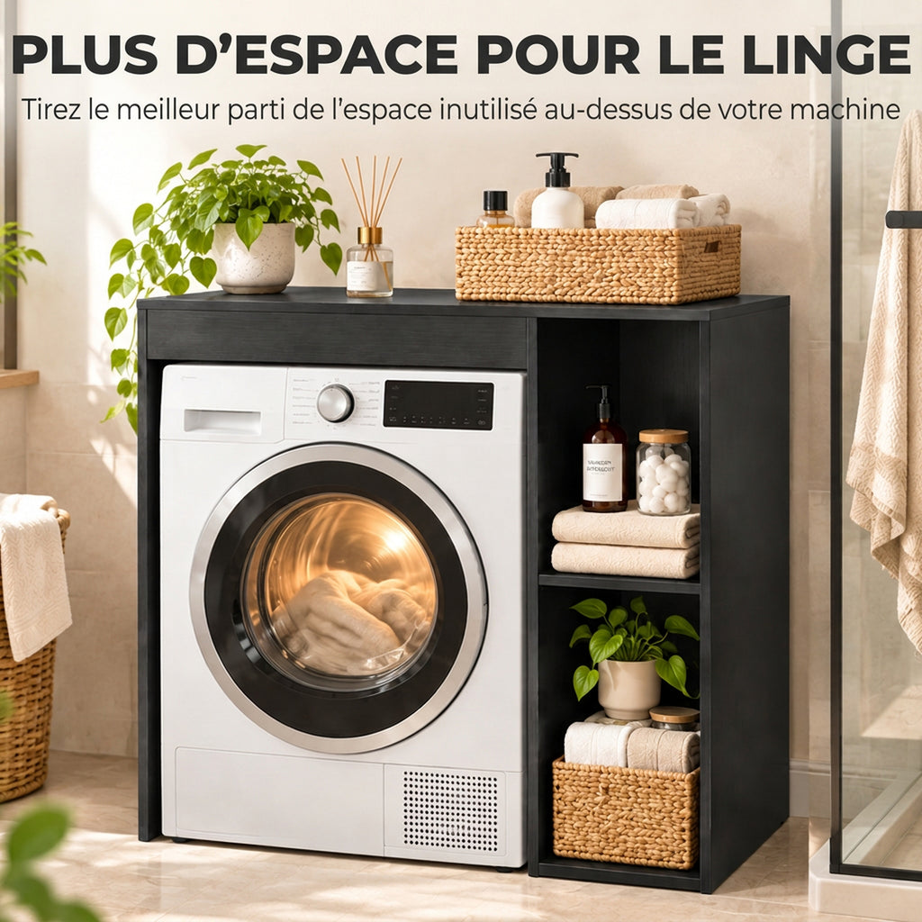 Meuble machine à laver, armoire machine a laver et sèche-linge avec 2 compartiments ouverts, 96 x 60 x 90,5 cm, noir-3