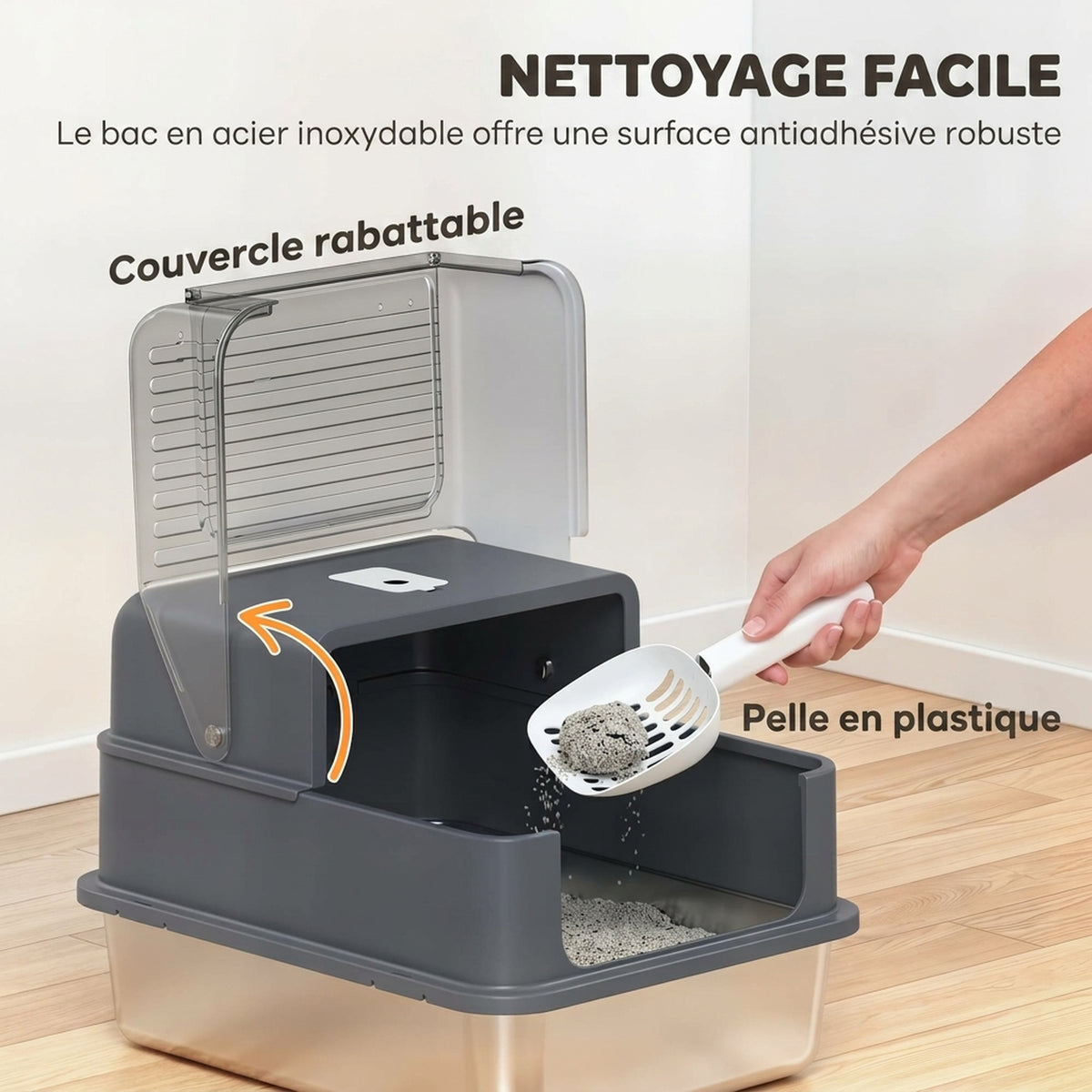 Bac à Litière pour Chat en Acier Inox. 2 en 1 Couvercle Pelle Filtres Sacs Désodorisants Grande Taille 48x38x34cm Gris-4