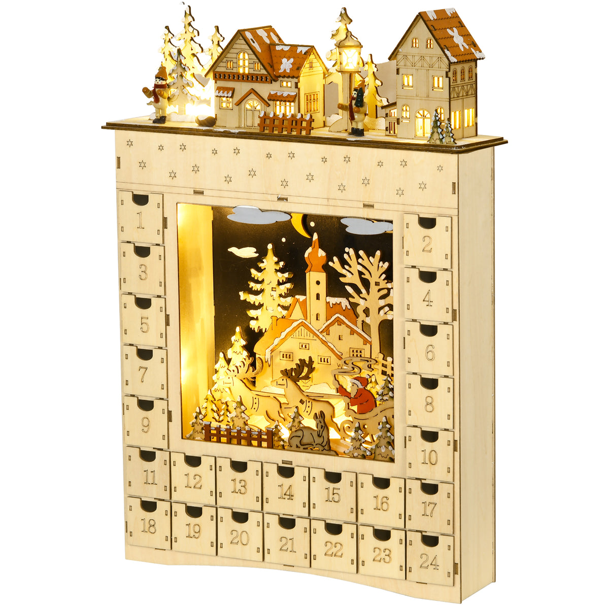 Calendrier de l'Avent LED en forme de village enneigé avec 24 tiroirs décoration lumineuse de Noël beige-0