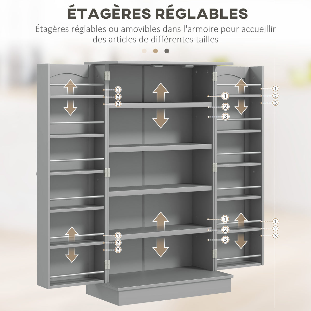 Armoire meuble de cuisine garde-manger 2 portes avec 5 étagères et 12 porte-épices - 60 x 30 x 104 cm - gris-4
