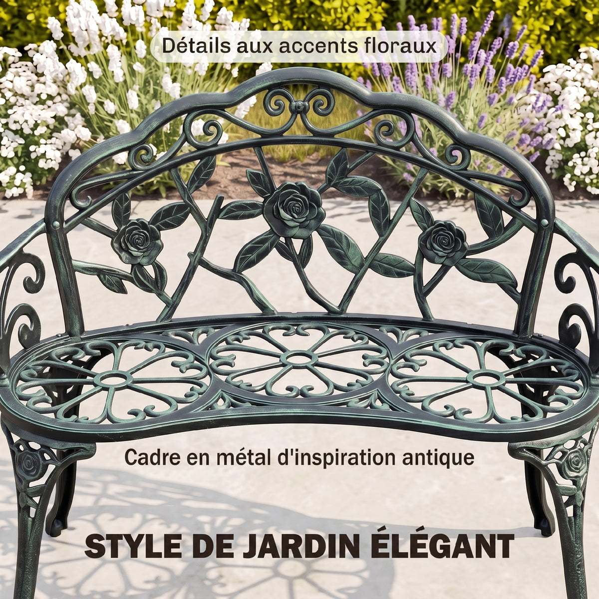 Banc de Jardin 2 Places Style néo-rétro Motif Rose Lignes fuselées 100L x 54l x 78H cm Fonte d'aluminium Vert-3