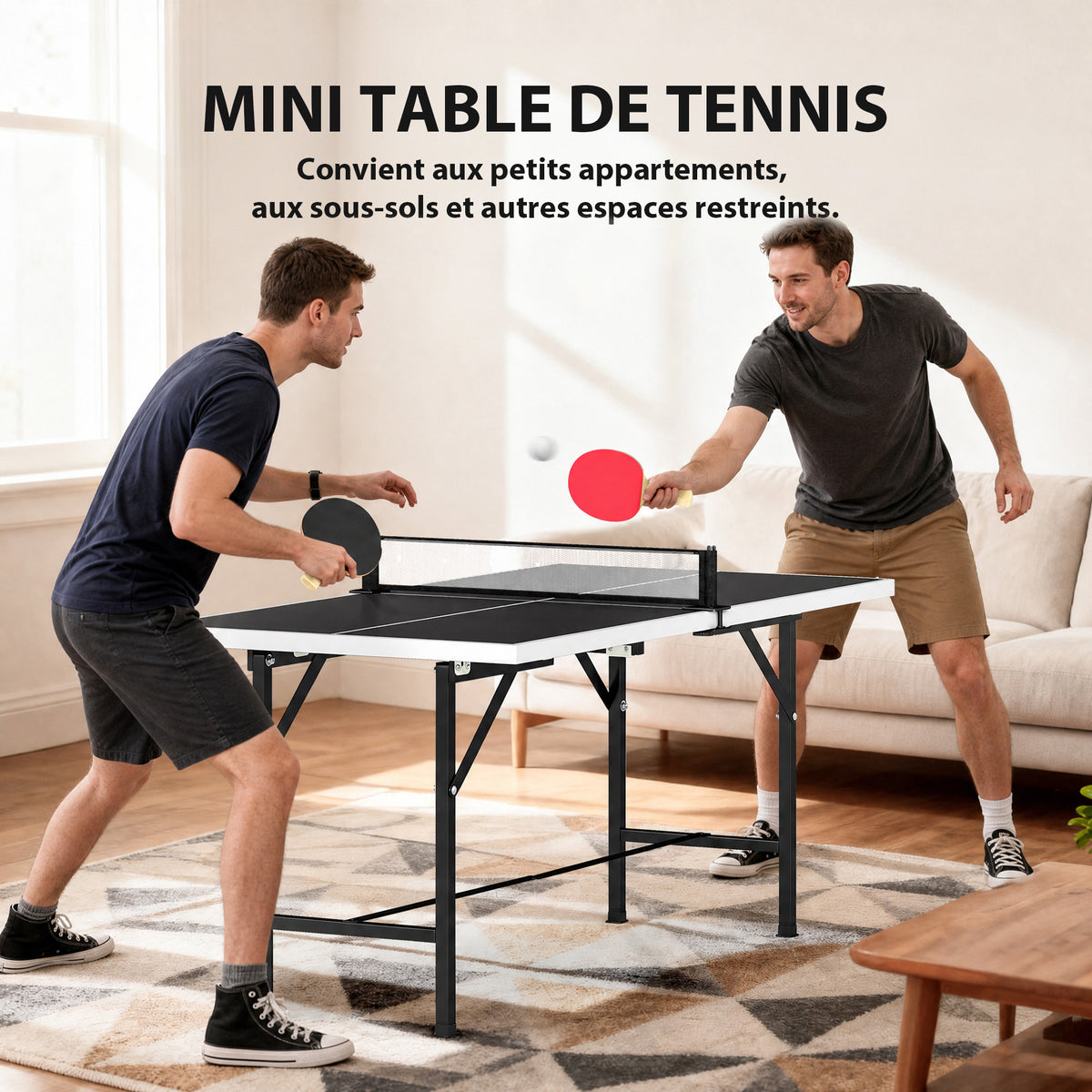 Mini Table de Ping-Pong Pliable Extérieur Intérieur avec 2 Raquettes en Bois Massif 3 Balles et Filet 152x76x70cm Noir-3