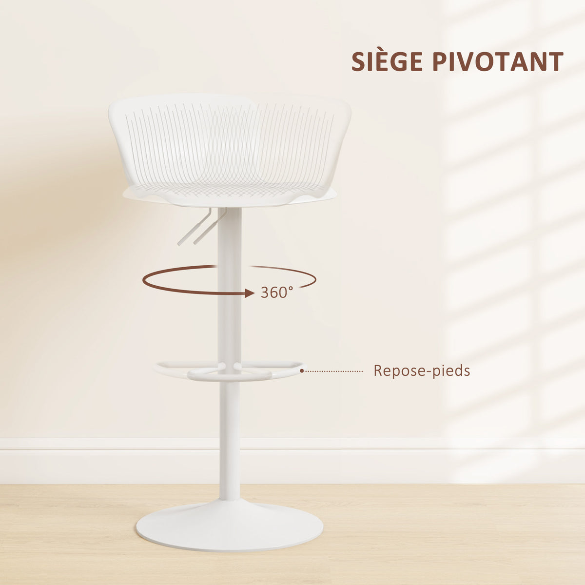 Lot de 2 tabourets de bar, chaises de bar réglable en hauteur, dossier et repose-pieds, 38,5x40x76,5-97,5cm, blanc-3