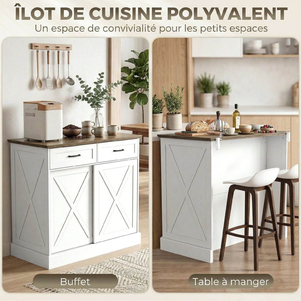 Buffet cuisine, buffet cuisine, meuble de rangement avec 2 tiroirs 2 portes coulissantes, étagère réglable, blanc-3