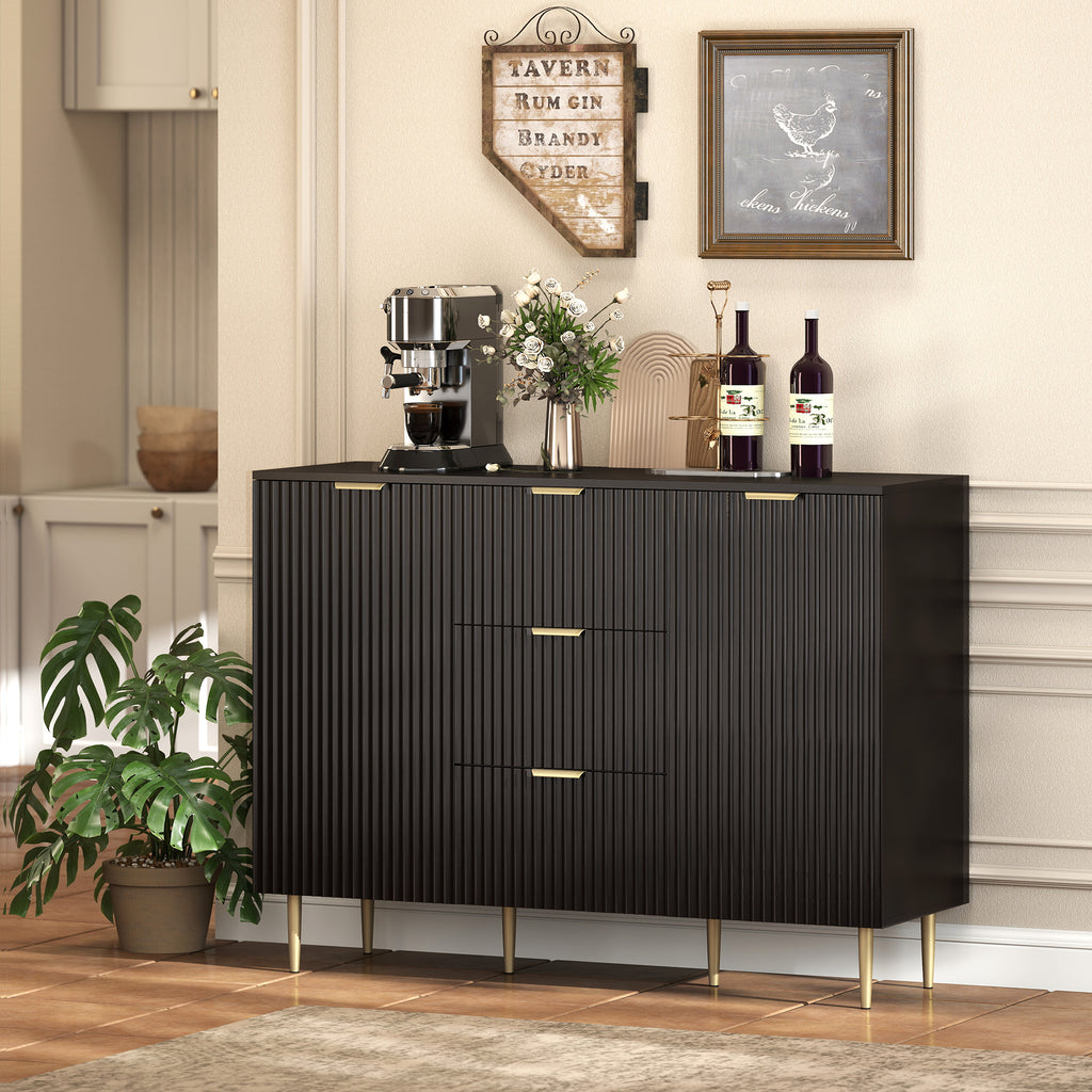 Buffet meuble cuisine rangement avec 3 tiroirs, étagères réglables, placards à portes cannelées, 120 x 40 x 90 cm, noir-9