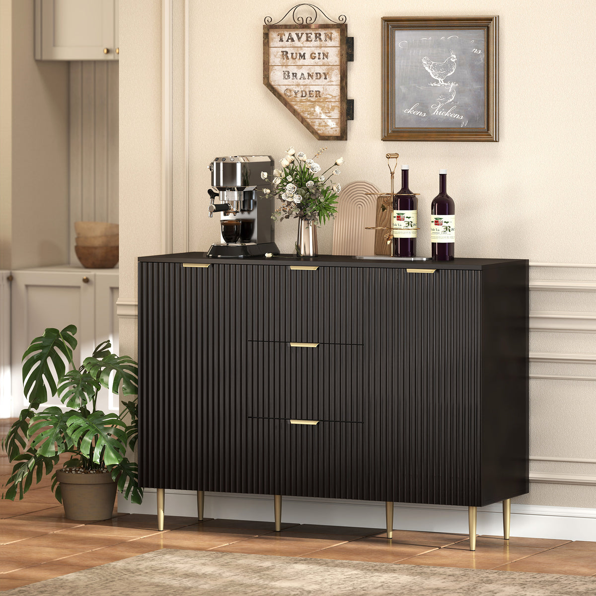 Buffet meuble cuisine rangement avec 3 tiroirs, étagères réglables, placards à portes cannelées, 120 x 40 x 90 cm, noir-9