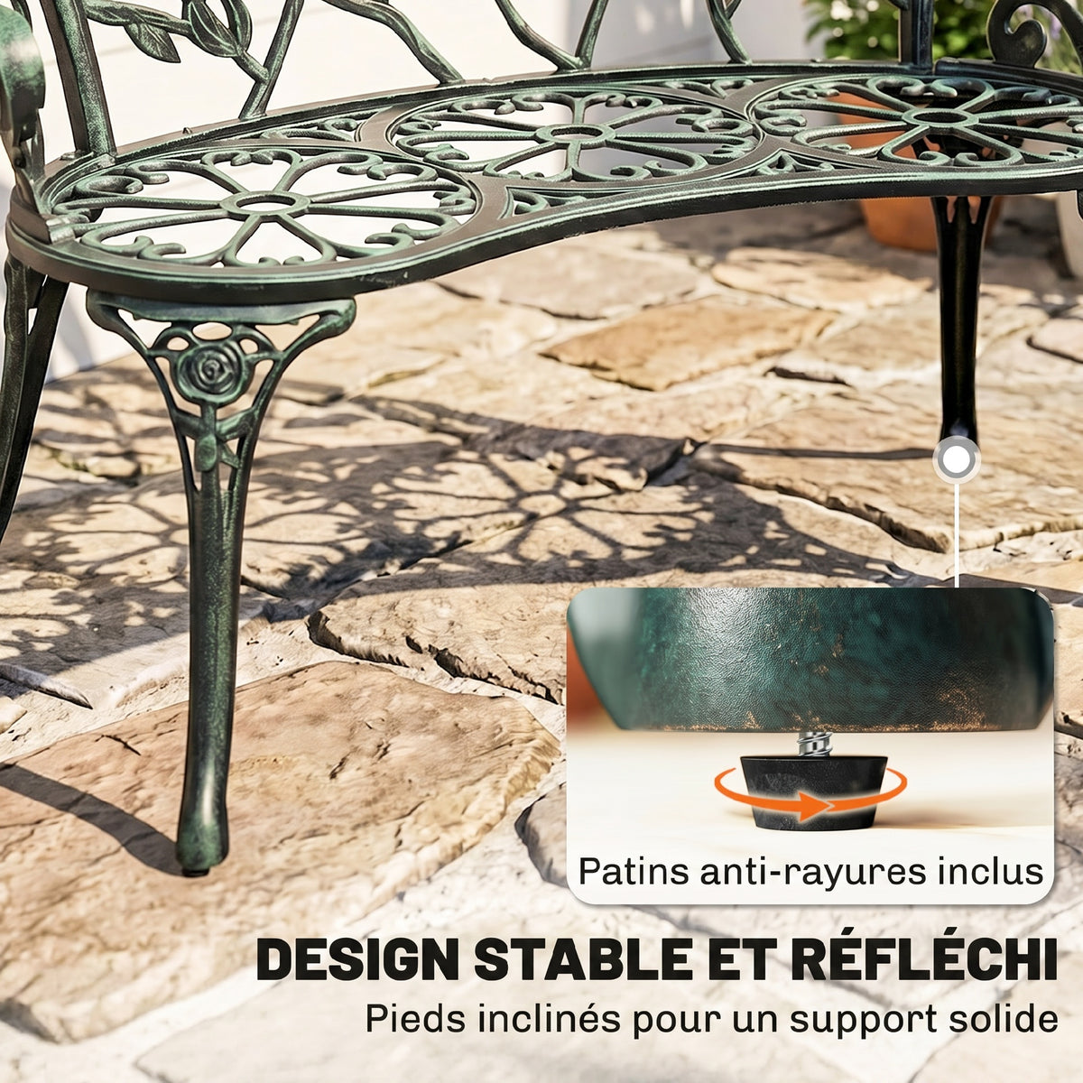 Banc de Jardin 2 Places Style néo-rétro Motif Rose Lignes fuselées 100L x 54l x 78H cm Fonte d'aluminium Vert-6