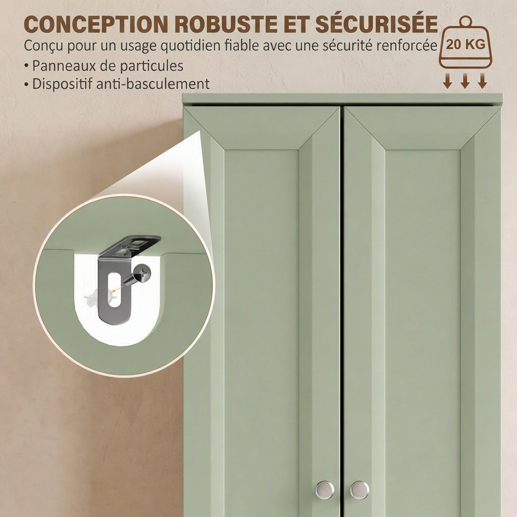 Meuble de Salle de Bain Étroit, Meuble de Rangement Sur Pied avec 2 Portes et 3 Étagères, pour Salon, Chambre, Vert-6