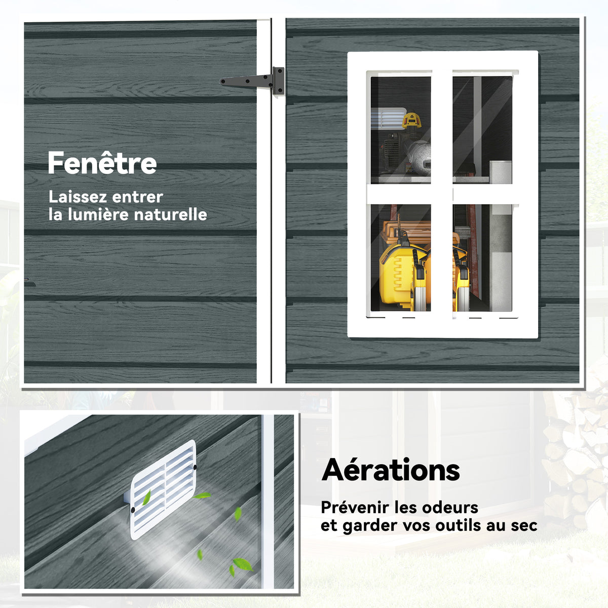 Abri de Jardin Cabanon de Stockage Plancher Structure Aluminium 3 Fenêtres 2 Aérations 182x182x183cm Gris Effet Bois-4