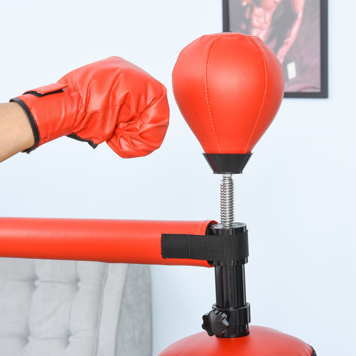 Sac de frappe sur pieds punching ball brunier 3 en 1 avec ballon de vitesse bras flexible rotatif hauteur réglable revêtement synthétique base HDPE dim. 88L x 48l x 155-205H cm noir rouge-8