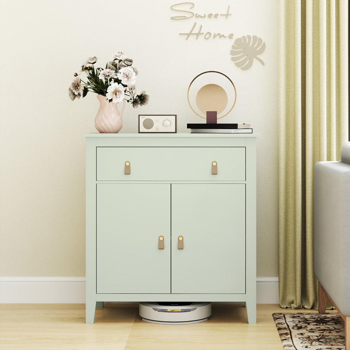 Buffet salon, meuble de rangement avec tiroir, double porte, étagère réglable, 80 x 40 x 90 cm, vert clair-1