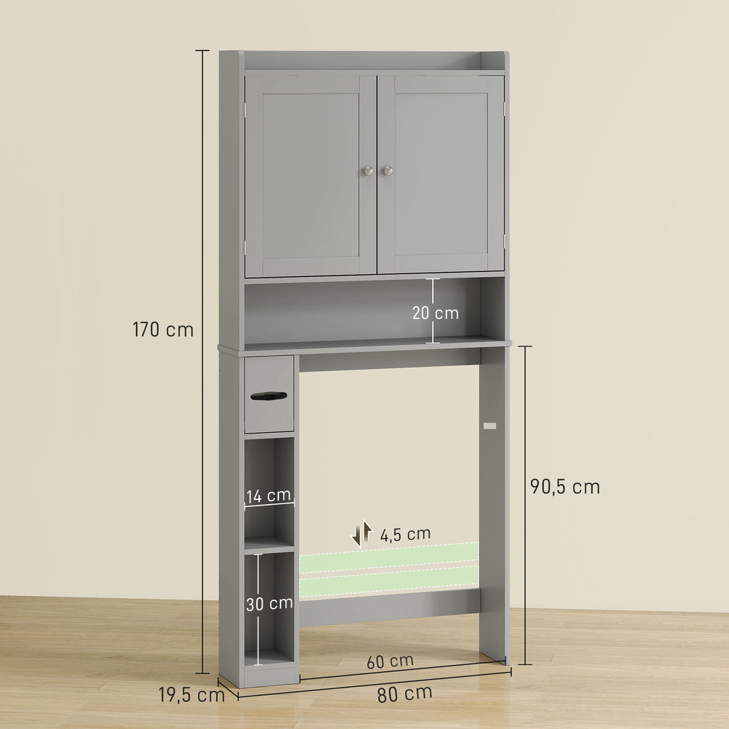 Meuble WC dessus de toilette ou machine à laver, 2 portes, 3 compartiments, porte-papier toilette, 80x19,5x170cm, gris-2