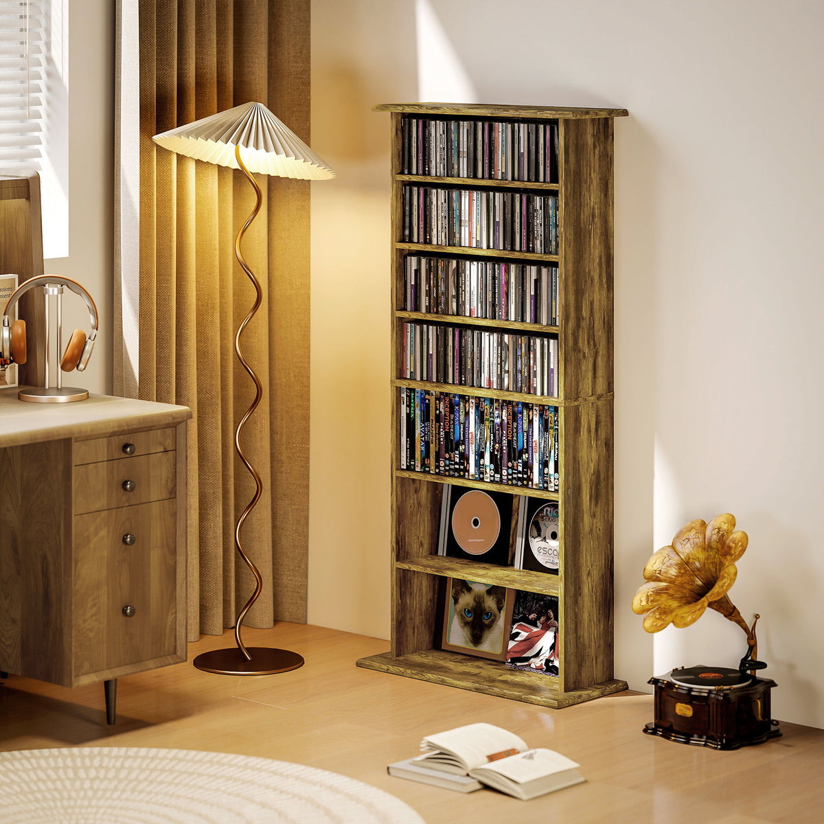 Rangements pour CD et DVD avec 8 compartiments et 6 étagères réglables, capacité max. 360 CD/185 DVD et Blu-ray, marron-7