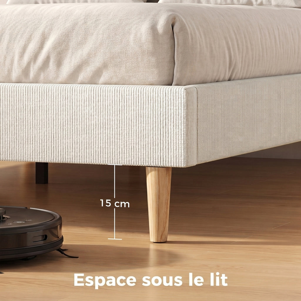 Cadre de Lit 140 x 190 cm avec Sommier, Lit Double Rembourré en Velours Côtelé, Espace de Rangement Au-Dessous, Crème-6