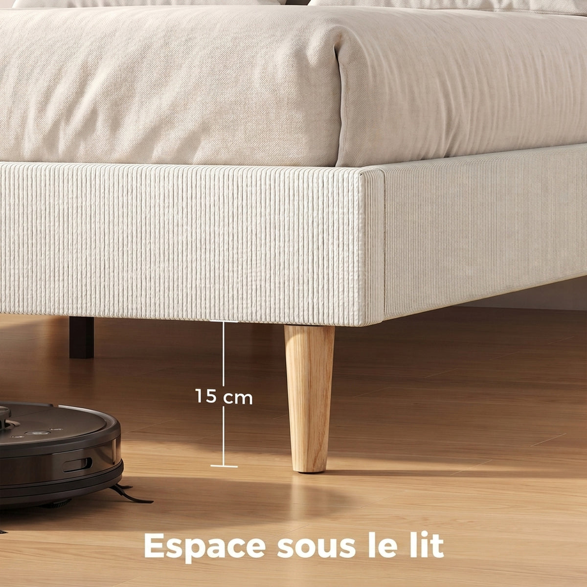 Cadre de Lit 140 x 190 cm avec Sommier, Lit Double Rembourré en Velours Côtelé, Espace de Rangement Au-Dessous, Crème-6