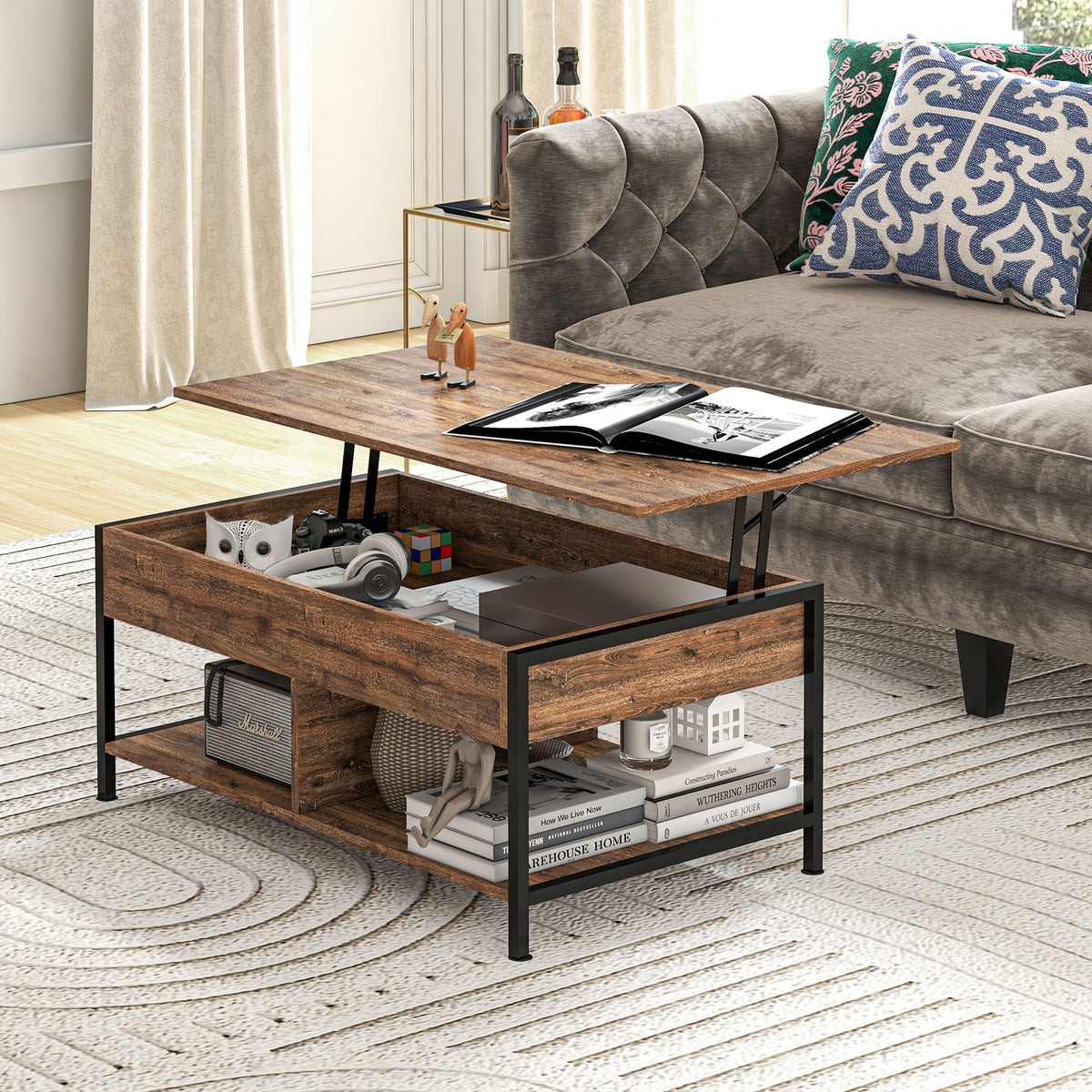 Table basse relevable table de salon compartiment caché 2 étagères inférieures 100 x 80 x 60 cm marron rustique noir-9
