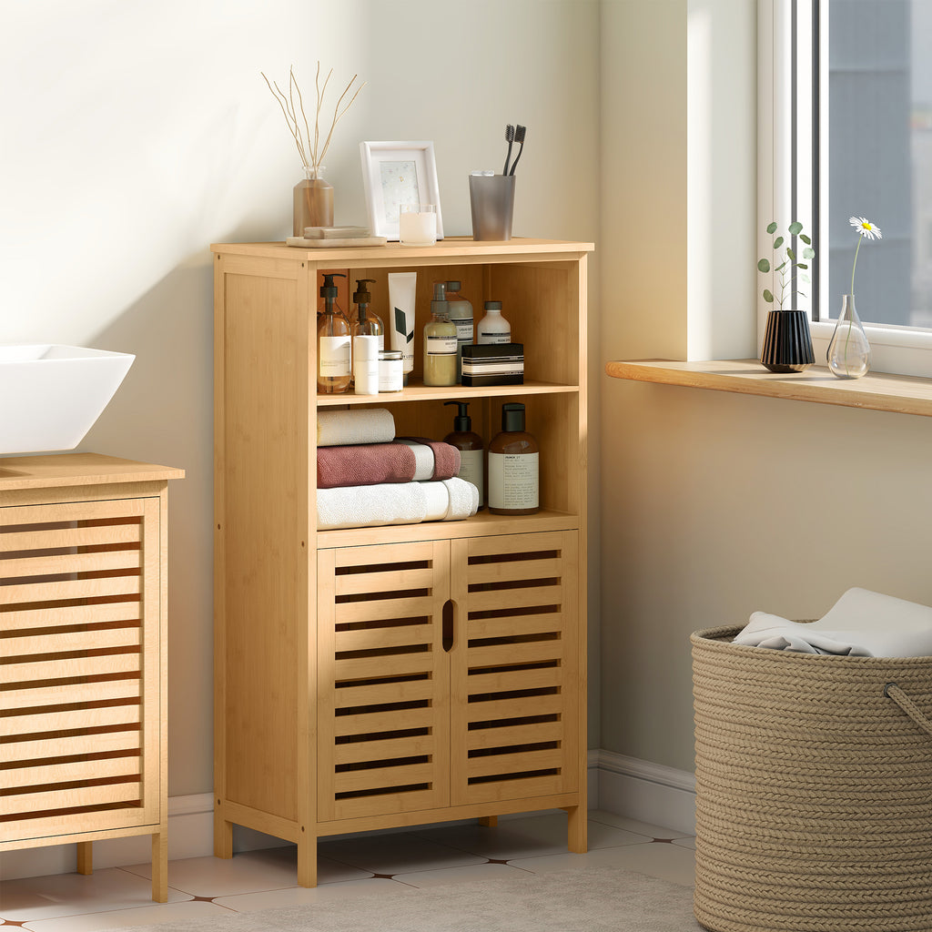 Meuble de rangement salle de bain en bambou avec 2 portes ajourées et 2 compartiments 50 x 29 x 92 cm naturel-7