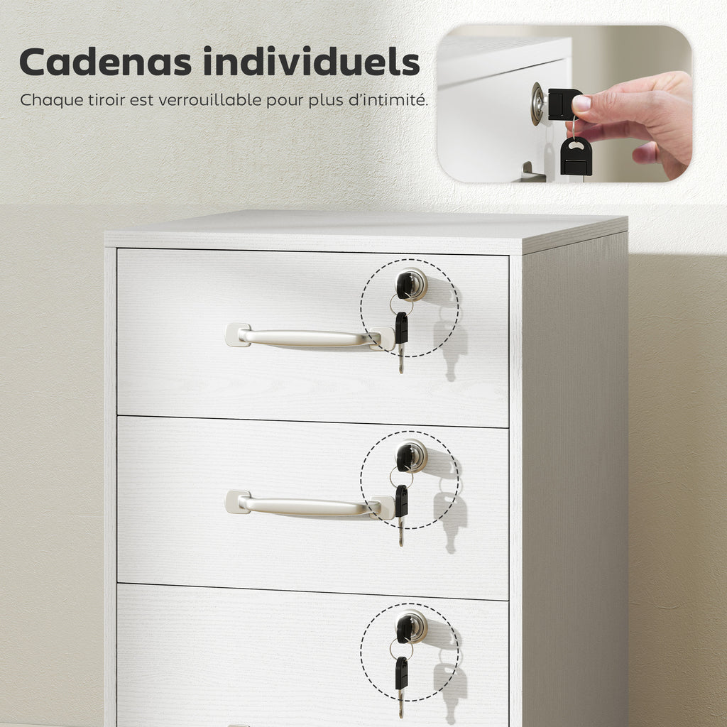 Caisson de Bureau Mobile avec 3 Tiroirs Verrouillables, Caisson de Rangement sur Roulettes, 40 x 40 x 69,5 cm, Blanc-6