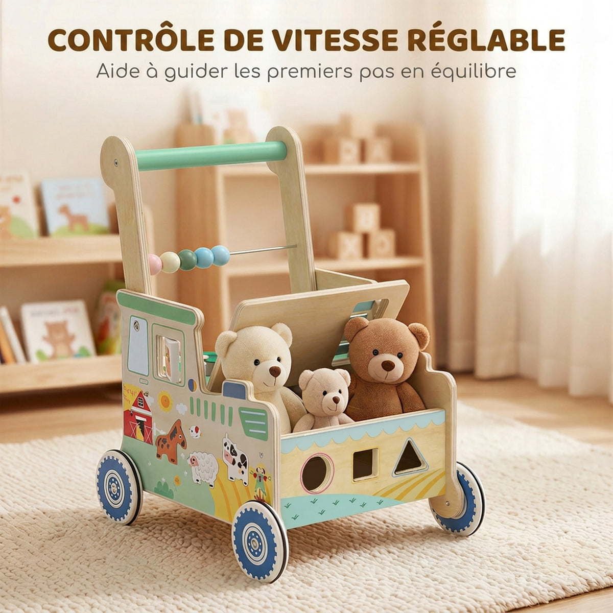 Trotteur Bebe en Bois, Chariot de Marche Bébé, Centre d'Activités, Espace de Rangement, Vert-5