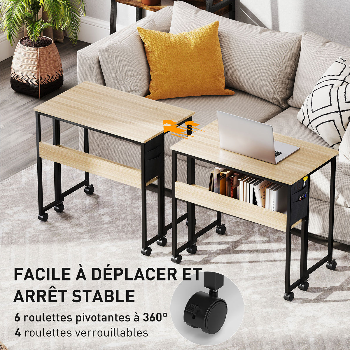 Bureau pliable sur roulettes 80 x 50 cm avec étagère et sac de rangement, chêne-5