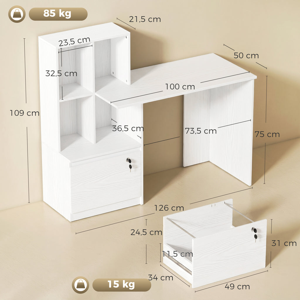 Bureau d'ordinateur avec bibliothèque 4 compartiments et tiroir verrouillable, 126 x 50 x 109 cm, grain de bois blanc-2