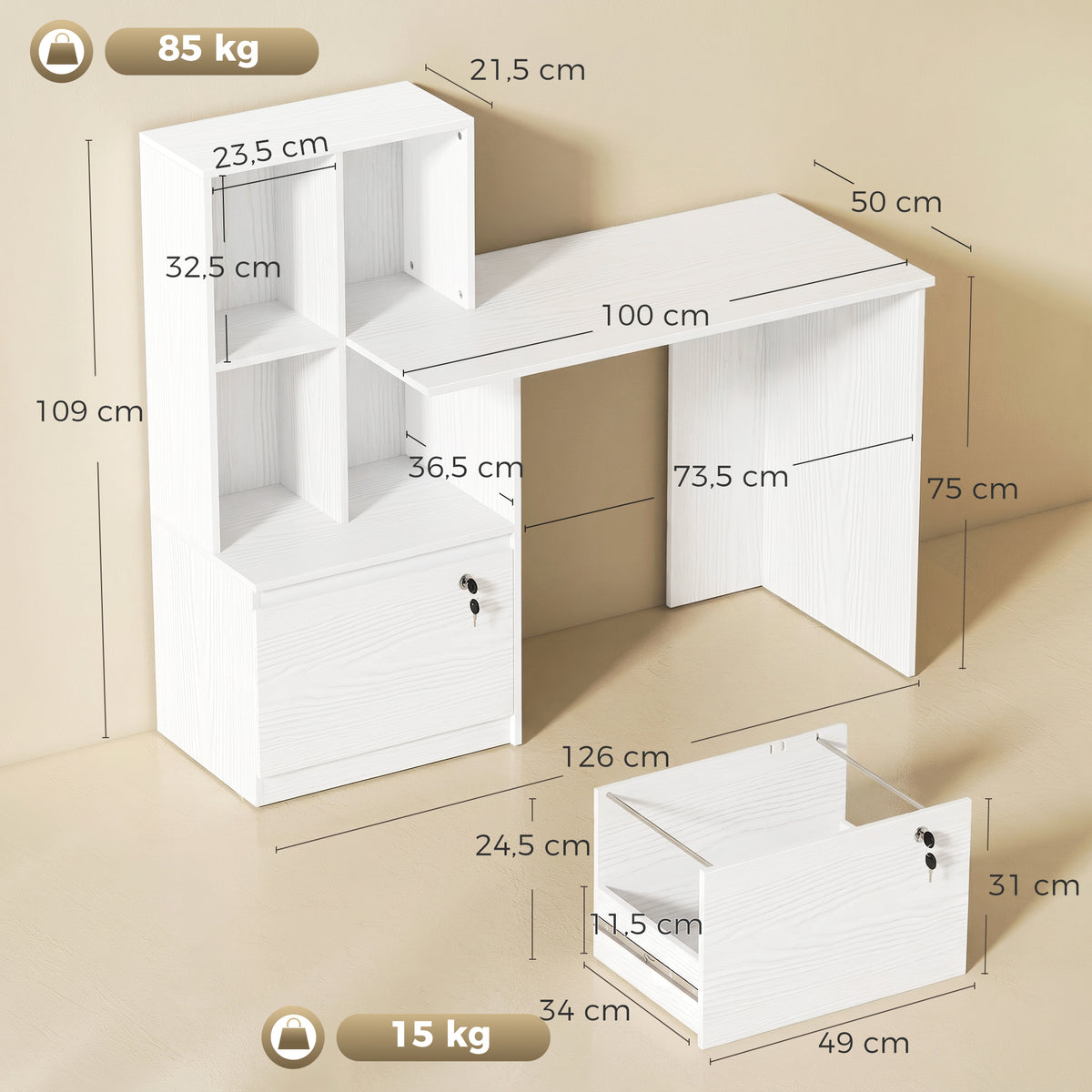 Bureau d'ordinateur avec bibliothèque 4 compartiments et tiroir verrouillable, 126 x 50 x 109 cm, grain de bois blanc-2