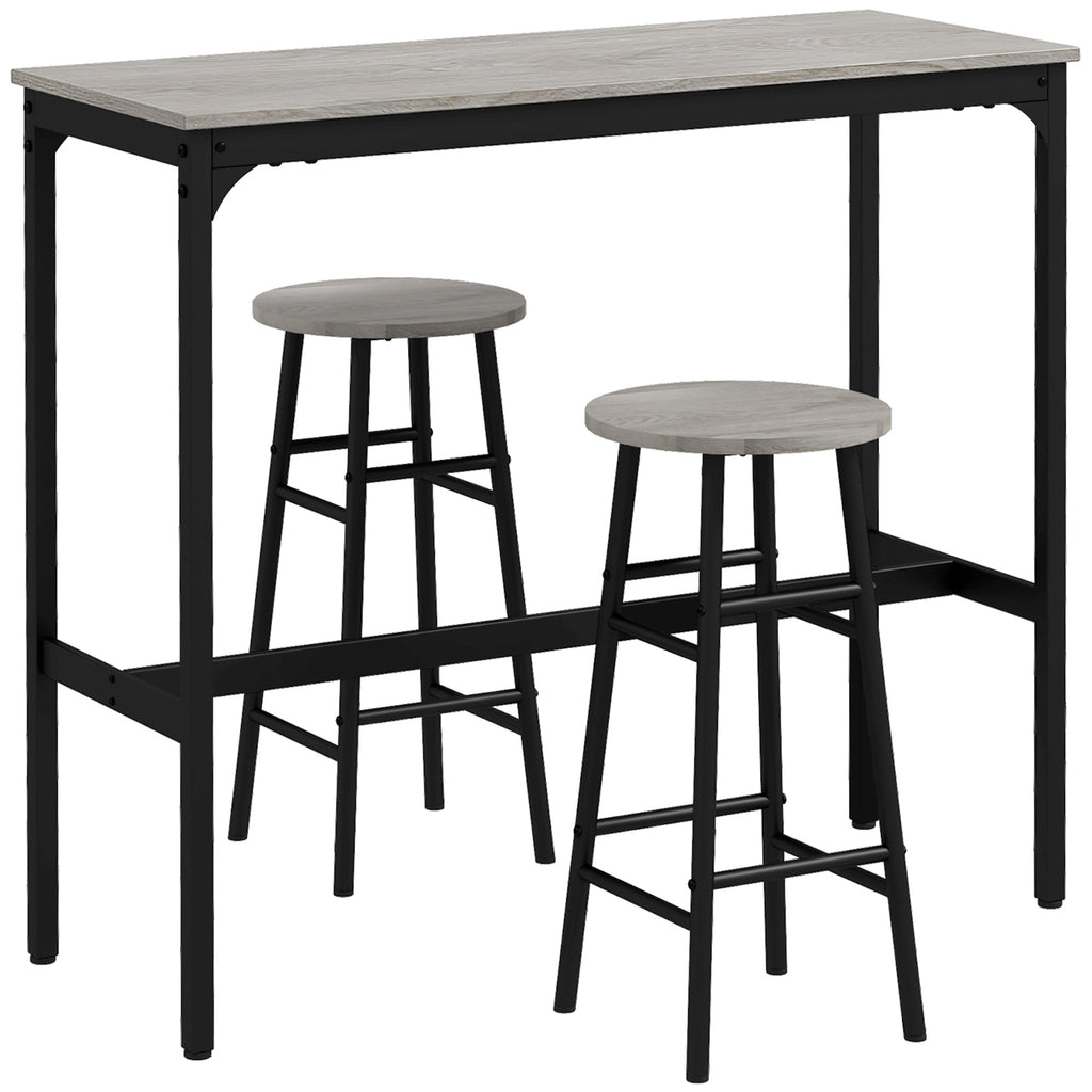 Ensemble table haute de bar + 2 tabourets structure en acier plateau aspect effet bois gris 2 personnes noir-0