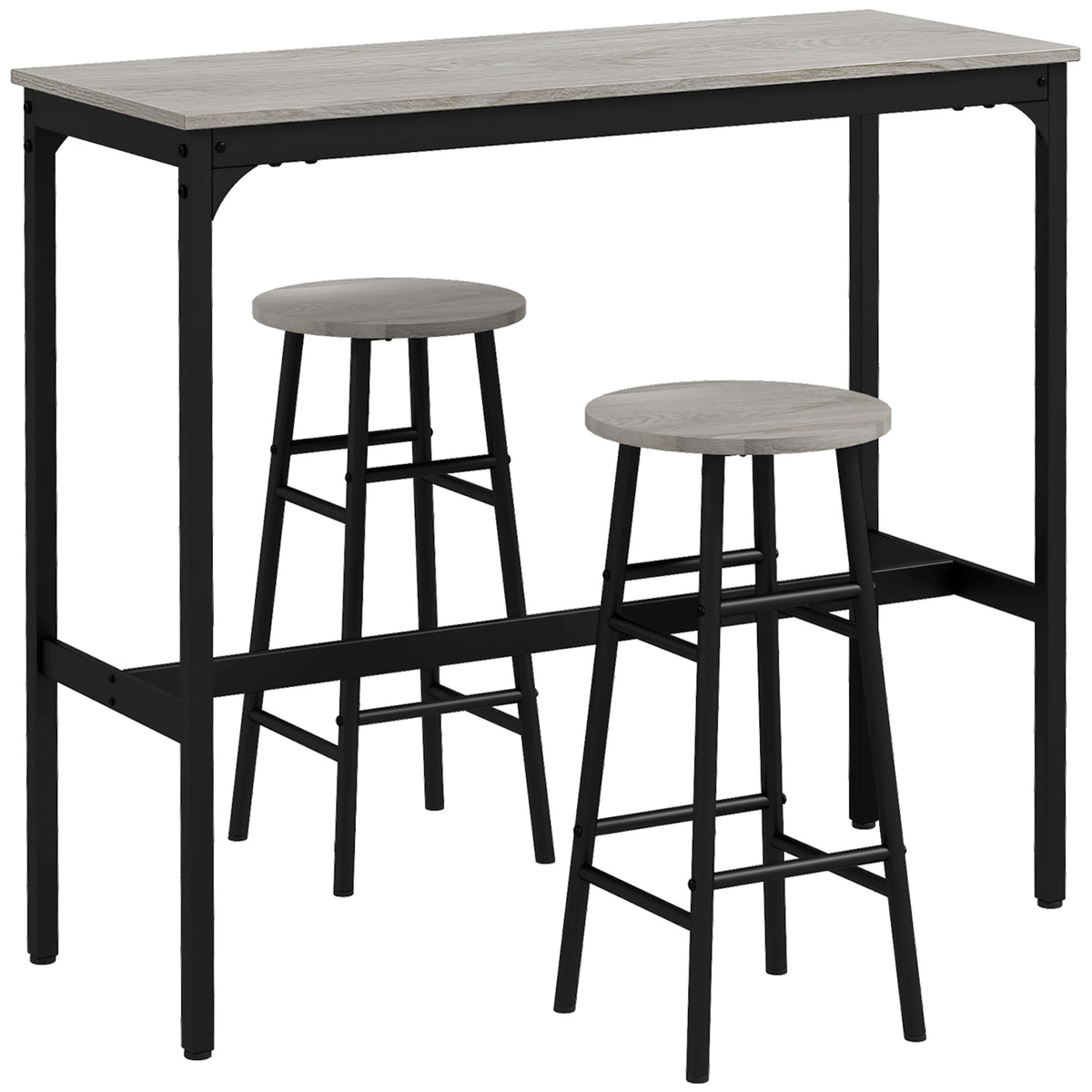 Ensemble table haute de bar + 2 tabourets structure en acier plateau aspect effet bois gris 2 personnes noir-0