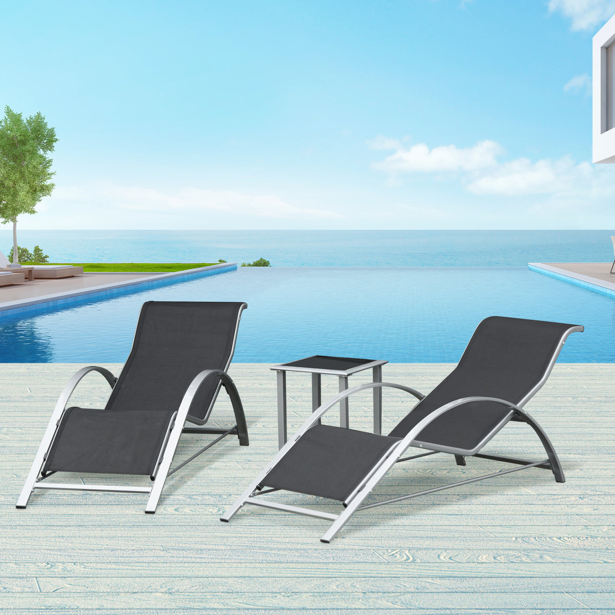 Lot de 2 bains de soleil design contemporain table basse plateau verre trempé métal époxy textilène gris foncé-1