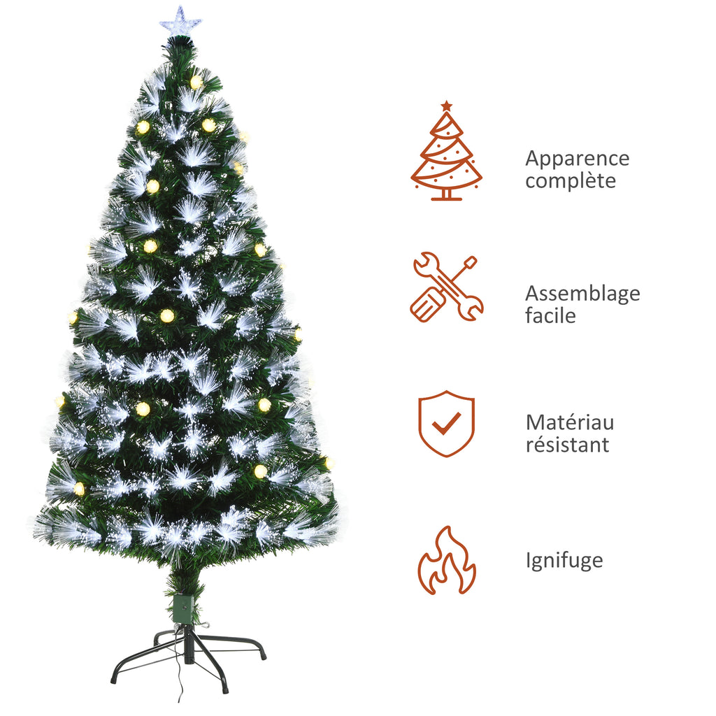 Sapin Noël Artificiel Lumineux 120H cm Fibre Optique LED + 20 Ampoules + Support Pied 130 Sommet Brillante Vert-6