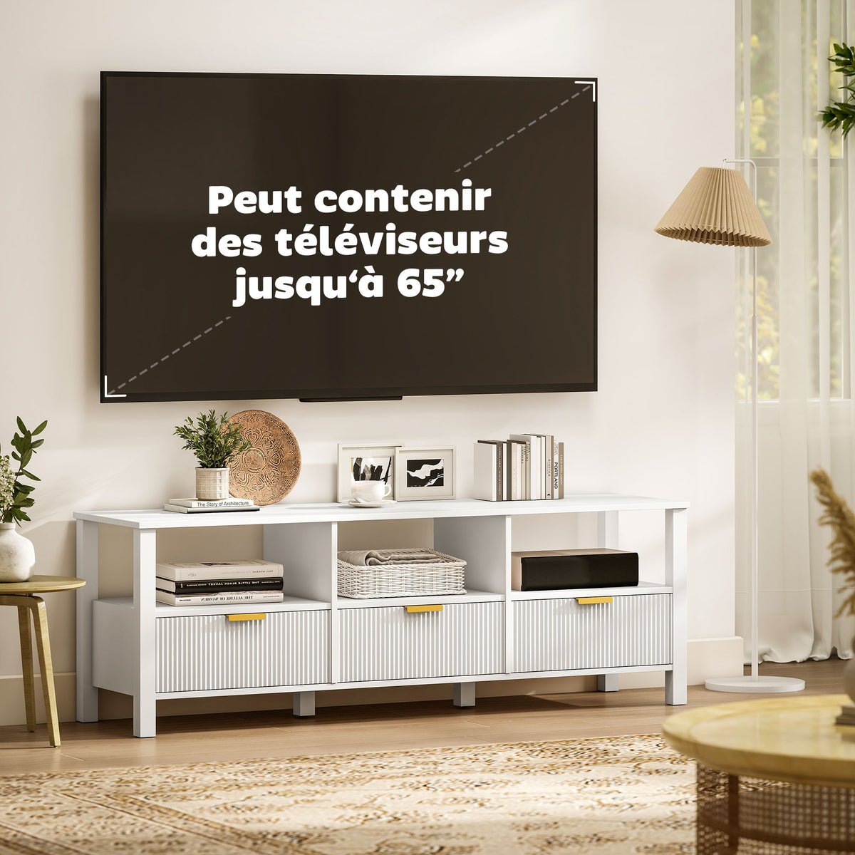 Meuble TV 152 cm, meuble télé pour téléviseur 65 pouces avec 3 tiroirs et 3 étagères ouvertes, 152x39,5x50cm, blanc-3