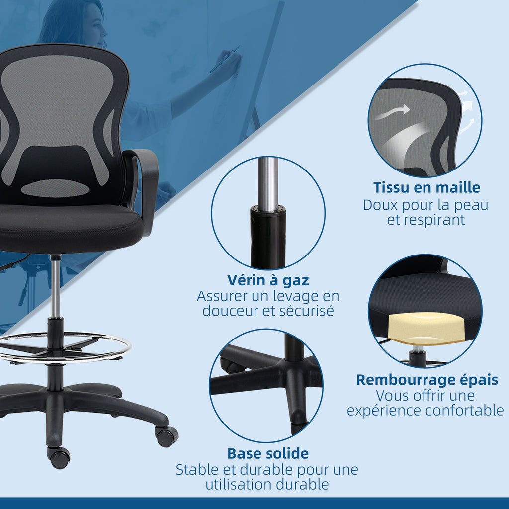 Lot de 2 fauteuils de bureau chaise de bureau assise haute réglable pivotant 360° maille respirante noir-7