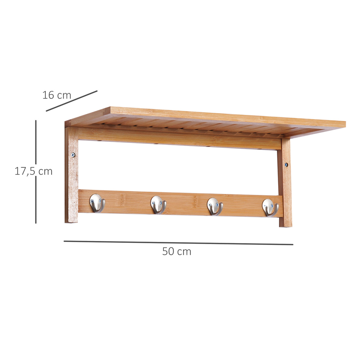 Porte-manteau mural penderie murale étagère 50L x 16l x 17,5H cm 4 patères kit fixation fourni bambou naturel-2