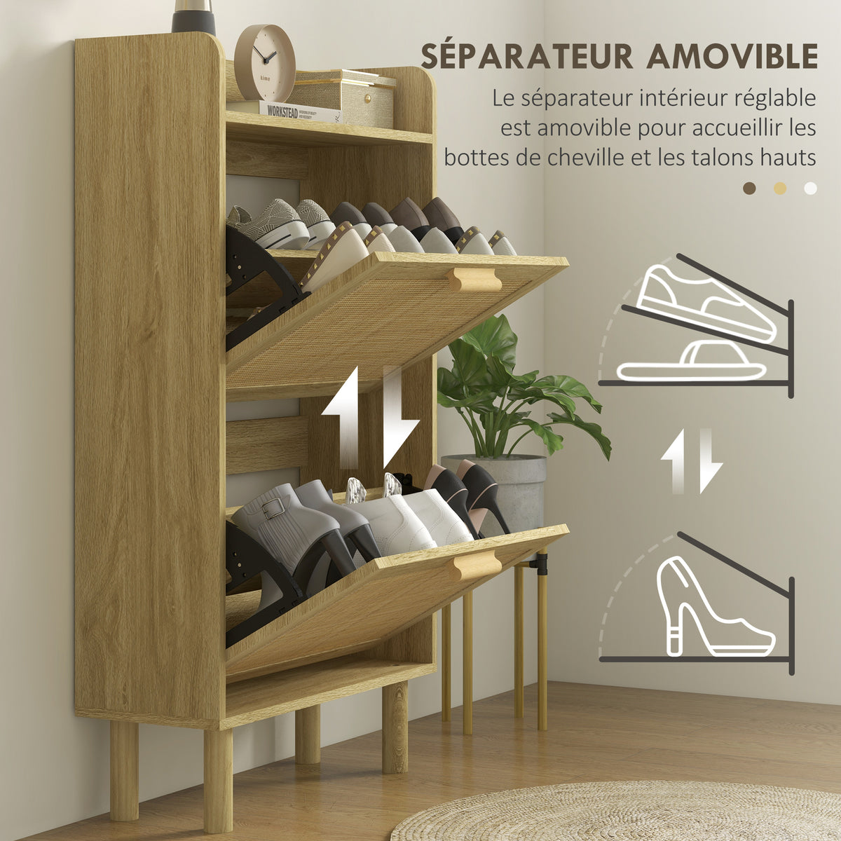 Meuble à chaussures 2 portes abattants étagère effet rotin tissé design bohème - dim. 80L x 24,5l x 110H cm-5