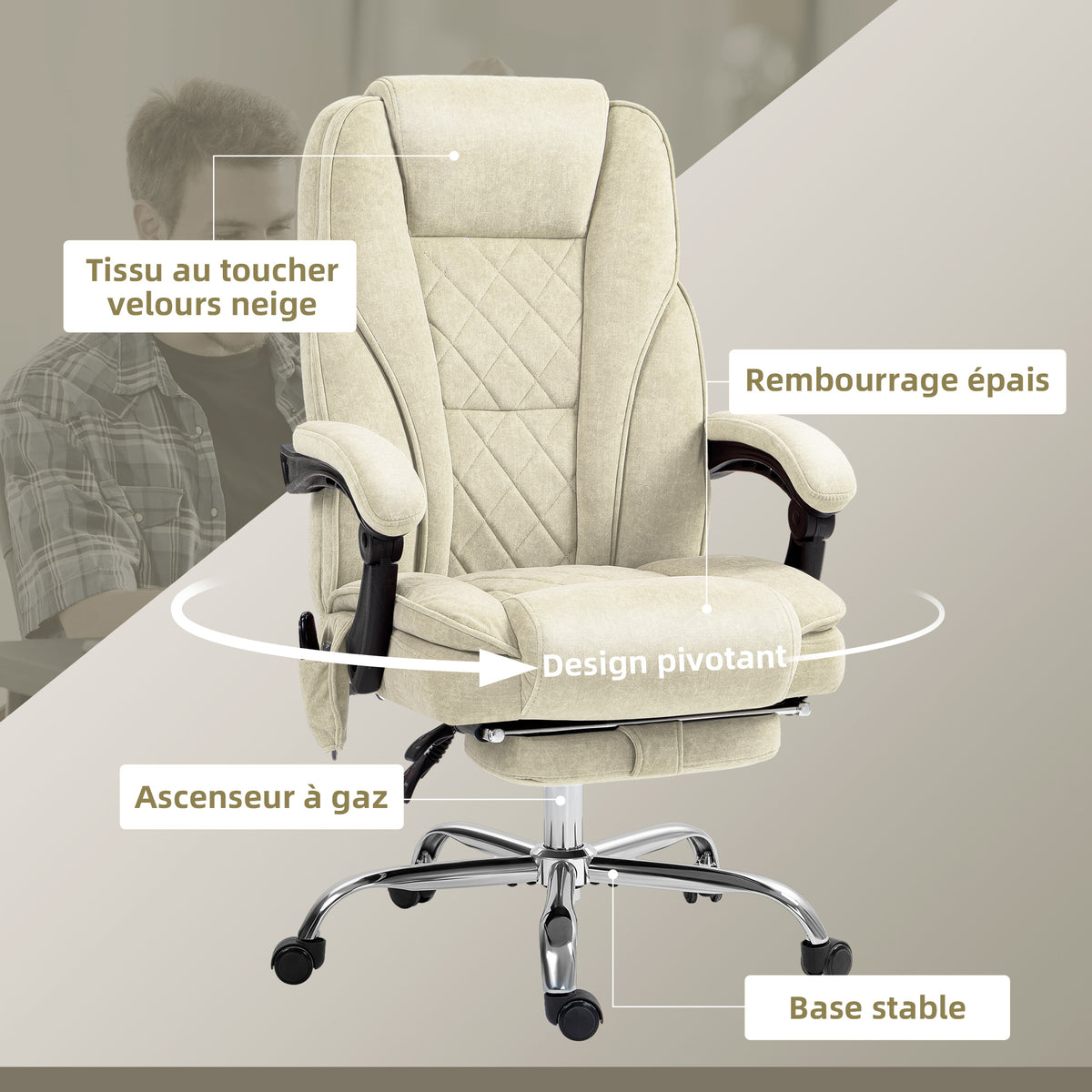 Fauteuil de bureau massant et chauffant hauteur réglable dossier inclinable télécommande repose-pieds rétractable beige-6