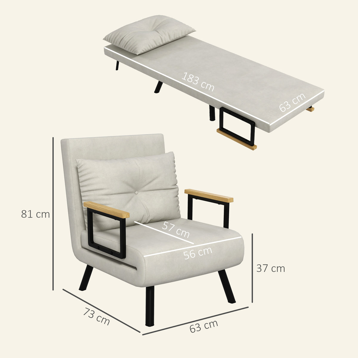 Fauteuil convertible 4 en 1 lit 1 place dossier 5 positions, accoudoirs en bois et coussin, tissu effet velours, crème-2