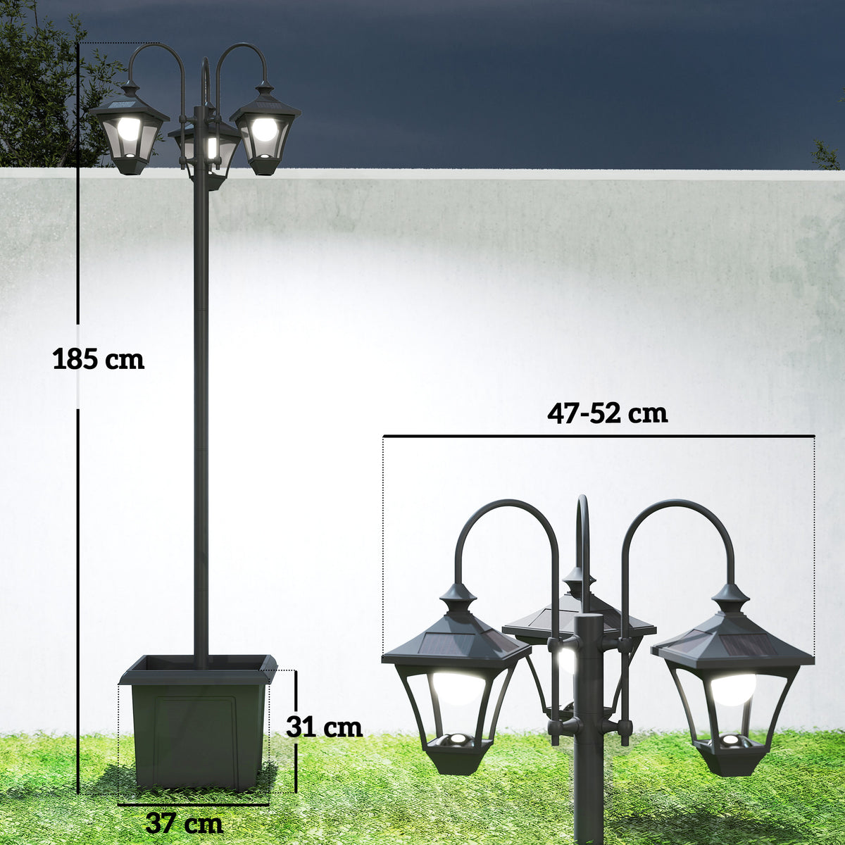 Lampadaire Extérieur sur Pied à 3 Têtes avec Bac à Fleurs, Capteur Automatique Crépuscule à L'aube, 52x52x185cm, Noir-2