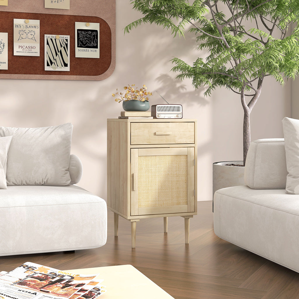Lot de 2 tables de chevet avec placard et étagère porte rotin tissé 1 tiroir design bohème - 40 x 40 x 68,5 cm naturel-9