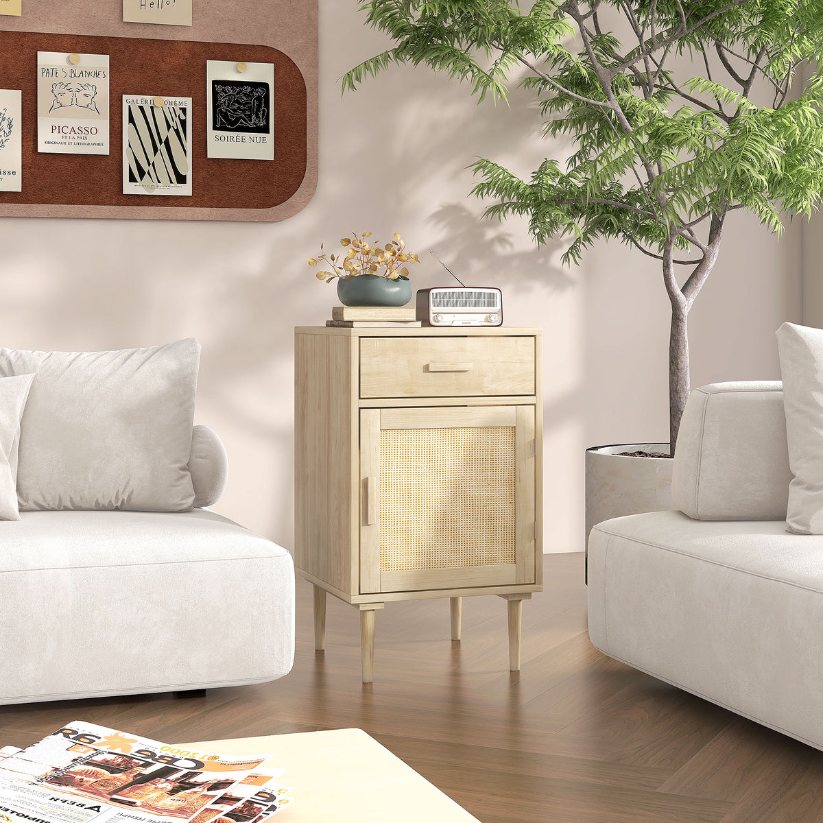 Lot de 2 tables de chevet avec placard et étagère porte rotin tissé 1 tiroir design bohème - 40 x 40 x 68,5 cm naturel-9