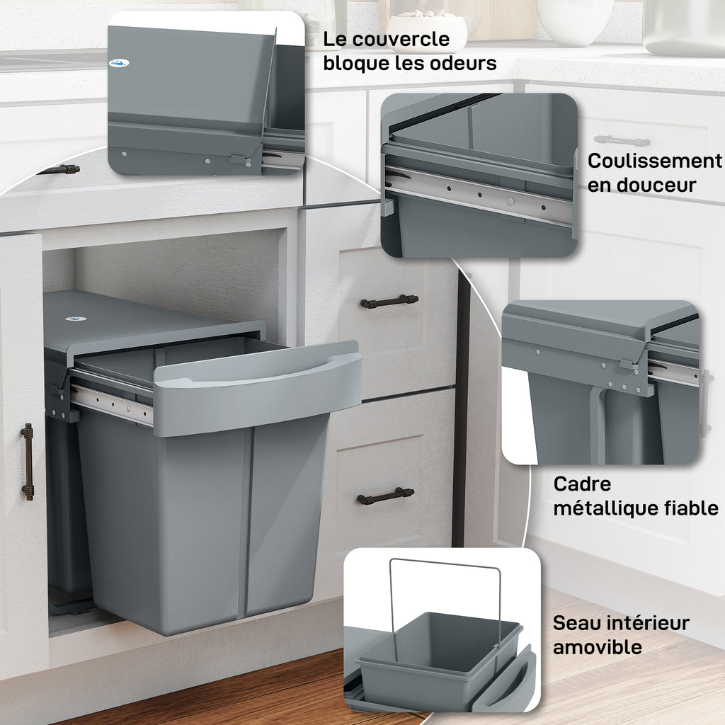 Poubelle cuisine, poubelle sous évier coulissante encastrable avec 2 x 20 L compartiments amovibles, 52x33,5x41cm, gris-6
