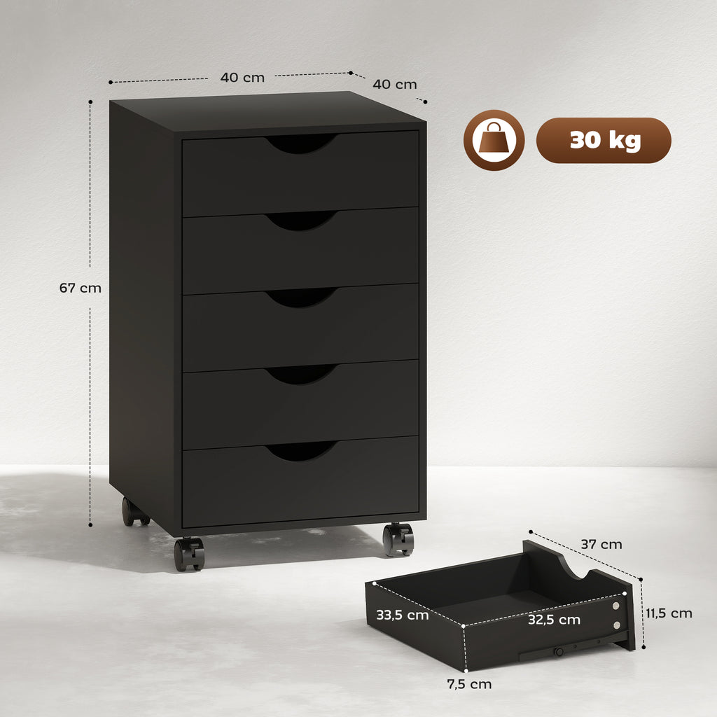 Caisson bureau mobile, meuble rangement bureau sur roulettes, 5 tiroirs, 40 x 40 x 67 cm, noir-2