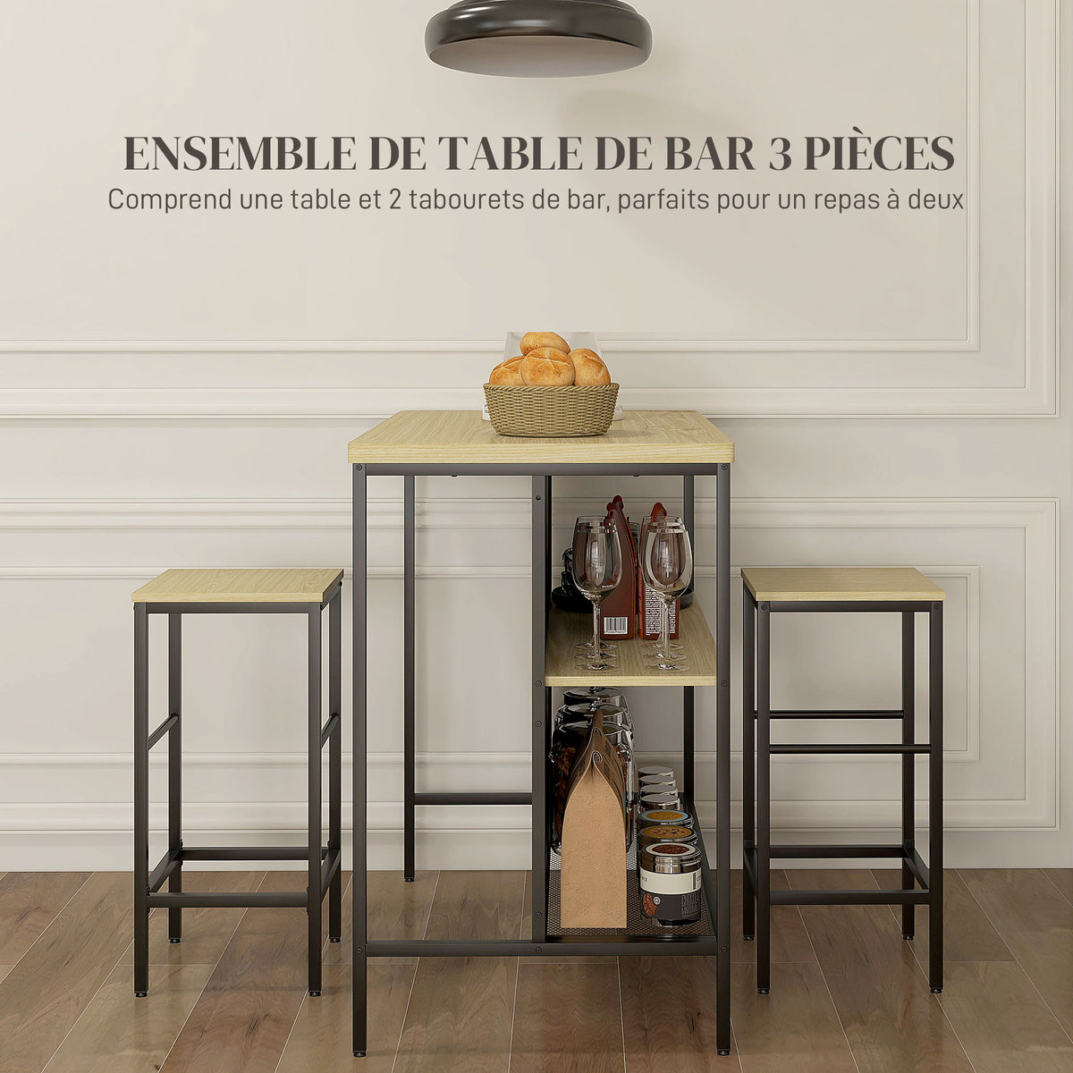 Ensemble table de bar et 2 tabourets style industriel avec étagère de rangement, repose-pieds, métal noir et aspect bois-3