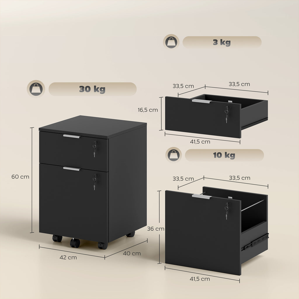 Caisson de bureau, meuble de rangement 2 tiroirs 2 barres pour dossier suspendu, verrouillable avec 2 clés 42x40x60 cm-2